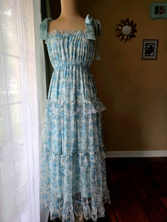 mine Dresses & Skirts - Blue Floral Tiered Maxi Dress Tie Shoulder Cottagecore Wedding Guest MINE Small